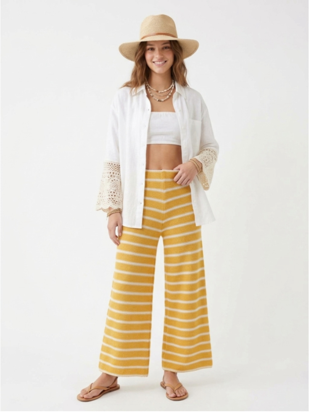Zara Yellow White Striped Rustic Knit Wide Leg Pants Size Large - 971